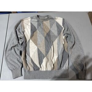 ALEX CANNON‎ Cotton Knit Pull-over Sweater Sz L Gray Argyle